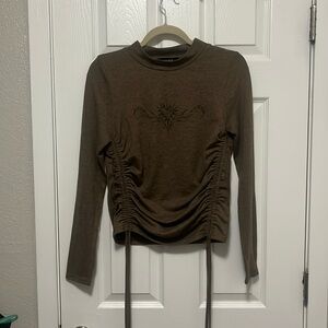 Cider Beige Terry Stand Collar Graphic Drawstring Top